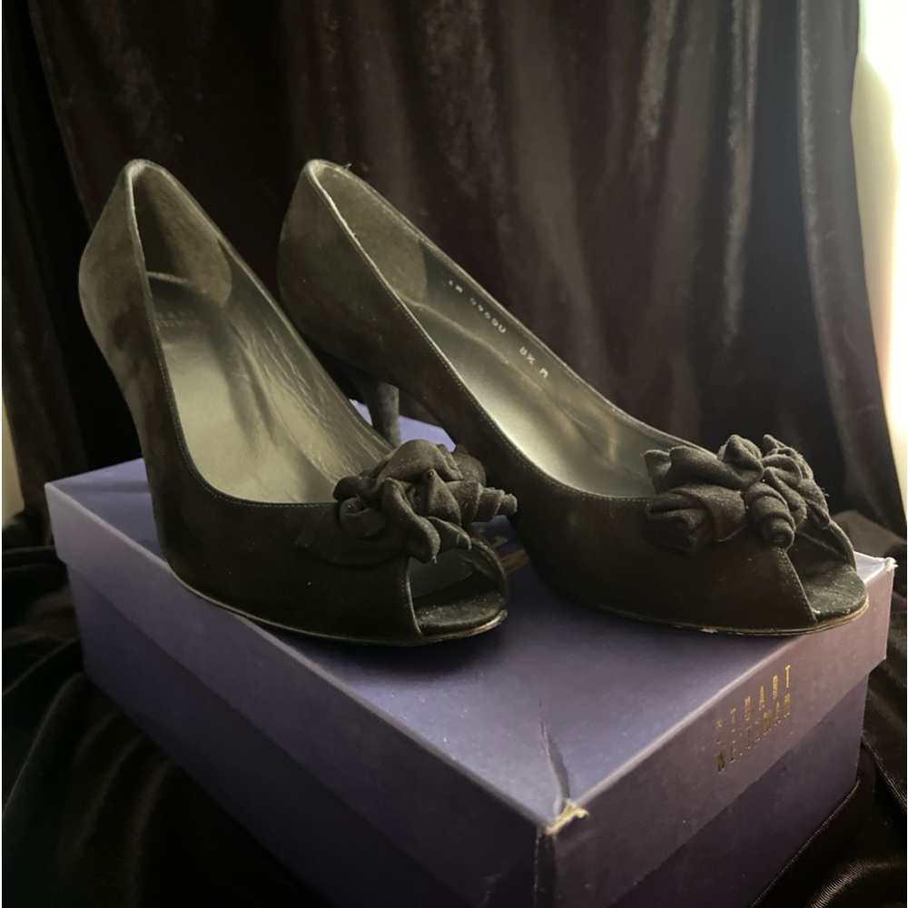 Stuart Weitzman Black Suede Rosette Flower Open Toe Pumps / Heels - 8 1/2